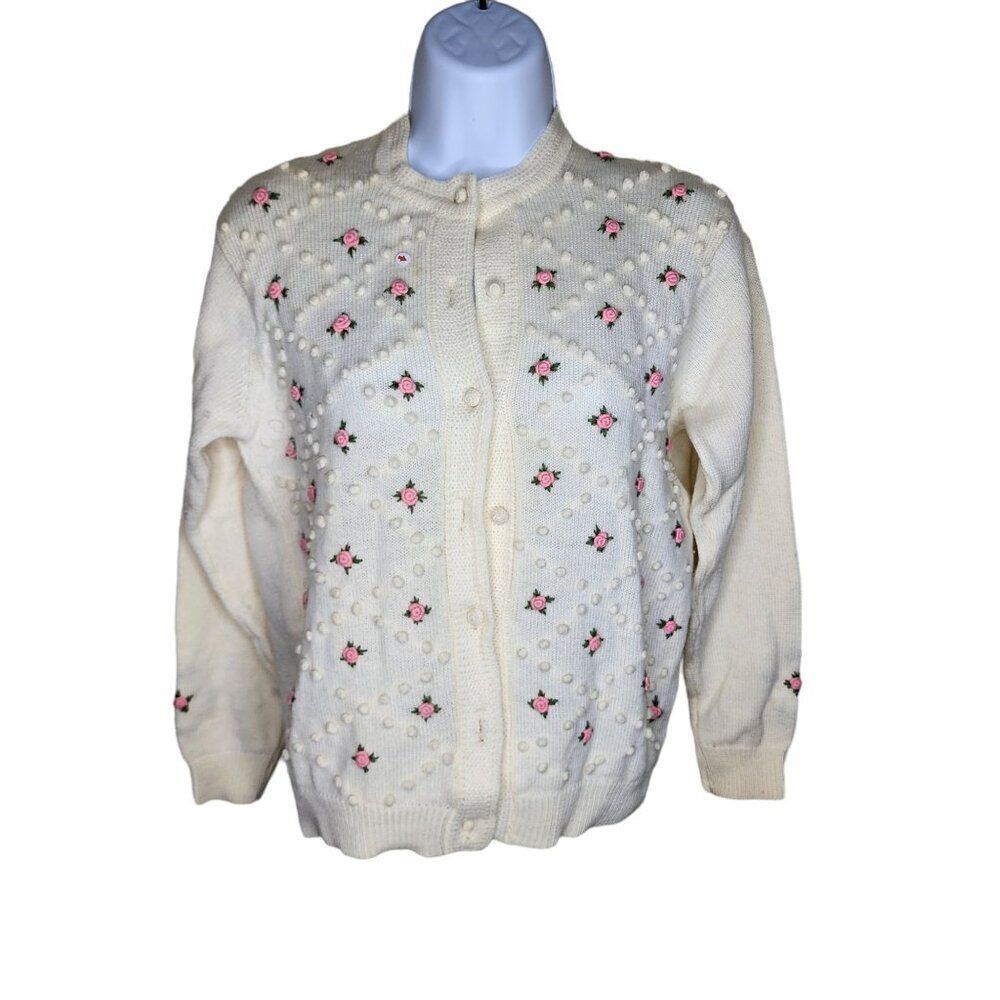Vintage 50s Wool Sweater Rosette Flowers Cardigan Womens Size M White Pink Pinup